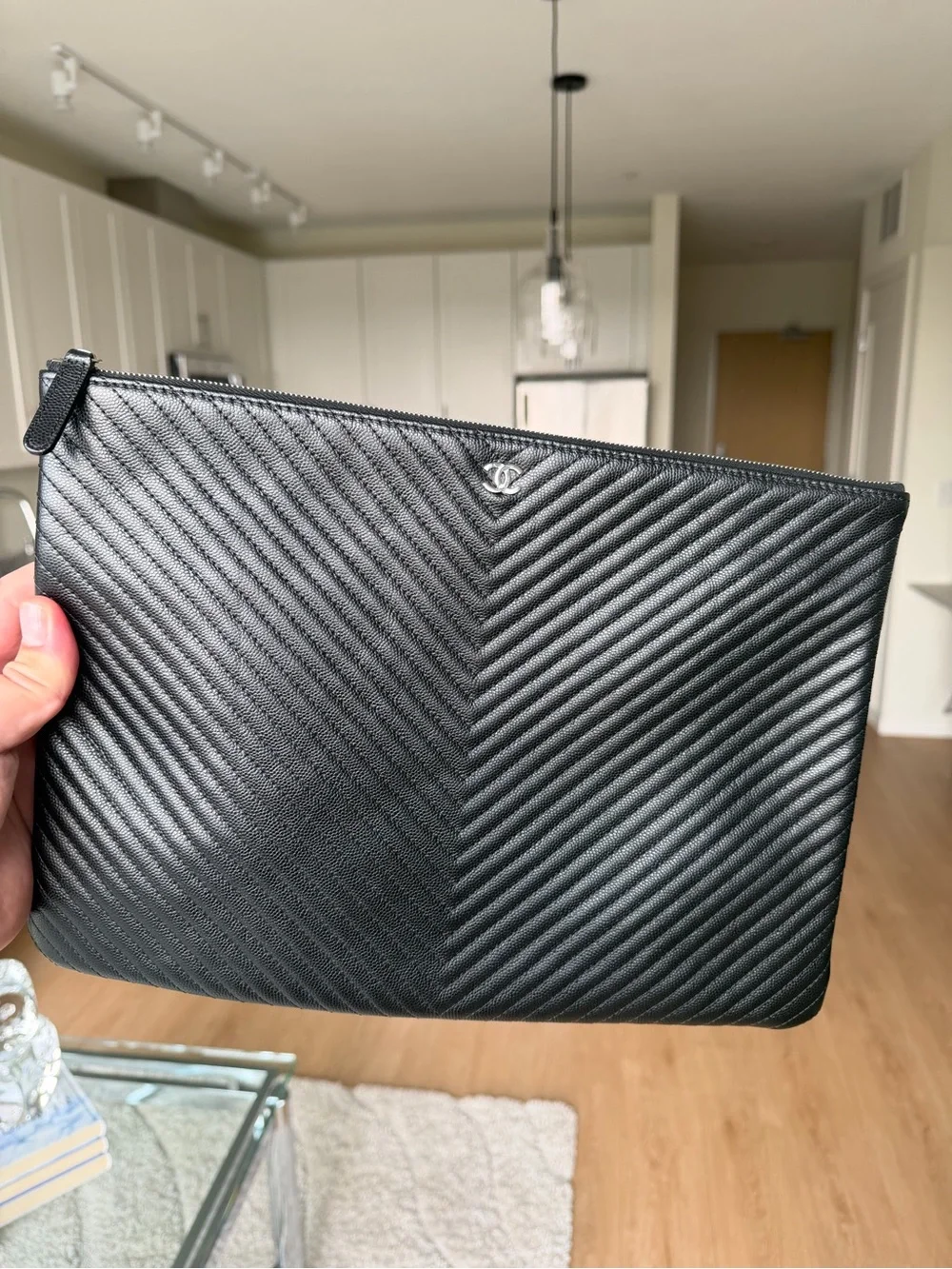 CHANEL Black Chevron Quilted Leather O Case Large with Silver CC